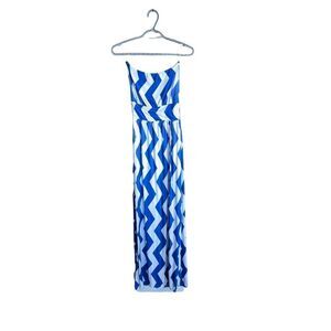 Coveted Clothing Maxi Dress Medium Blue White Chevron Strapless D1265